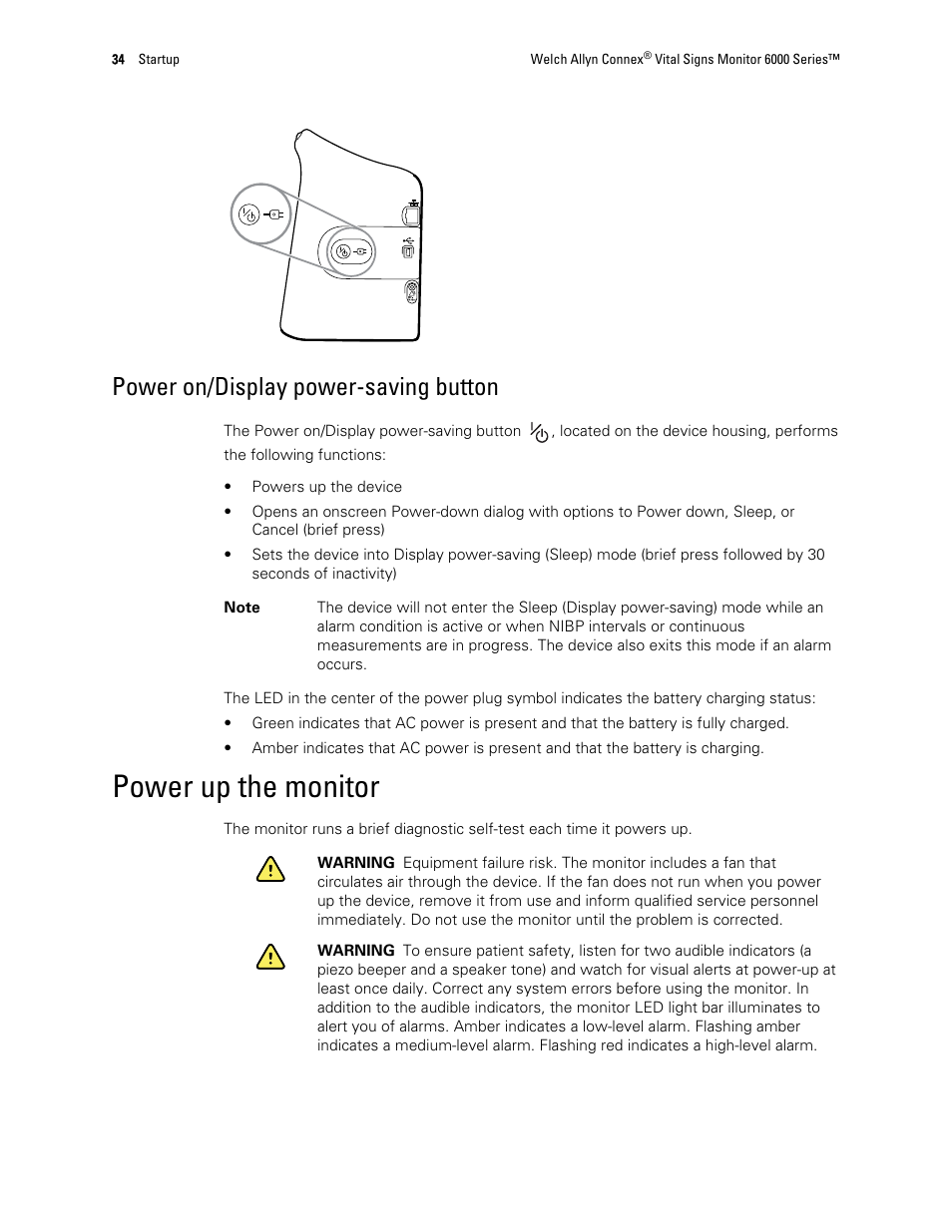 Power on/display power-saving button, Power up the monitor | Welch Allyn 6000 Series Connex Vital Signs Monitor - User Manual User Manual | Page 40 / 245