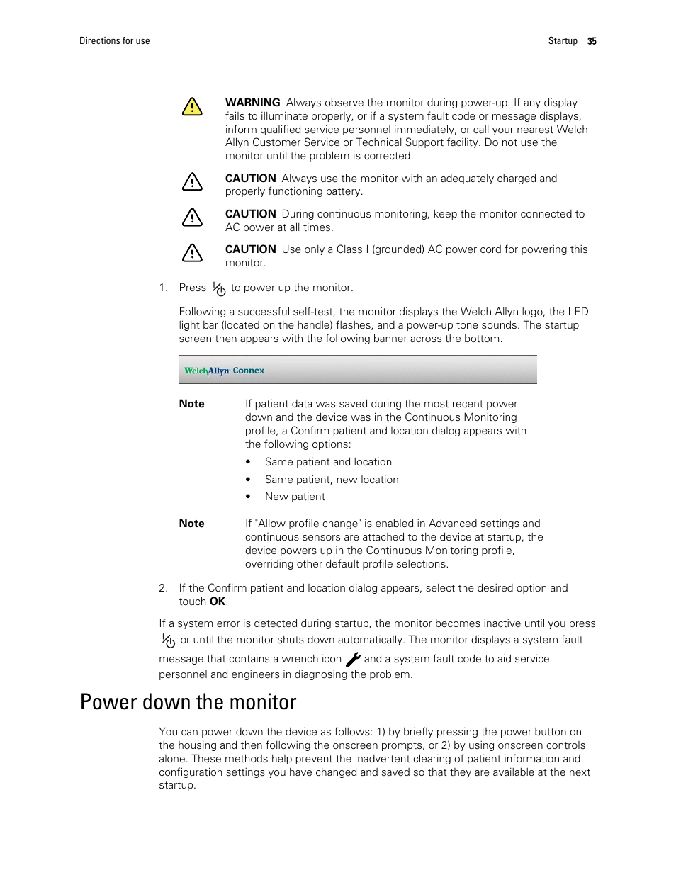 Power down the monitor | Welch Allyn 6000 Series Connex Vital Signs Monitor - User Manual User Manual | Page 41 / 245