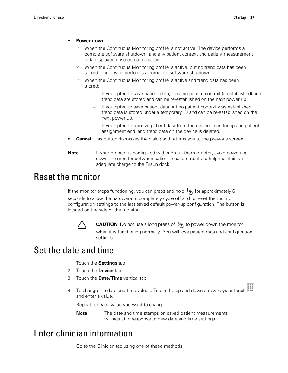 Reset the monitor, Set the date and time, Enter clinician information | Welch Allyn 6000 Series Connex Vital Signs Monitor - User Manual User Manual | Page 43 / 245