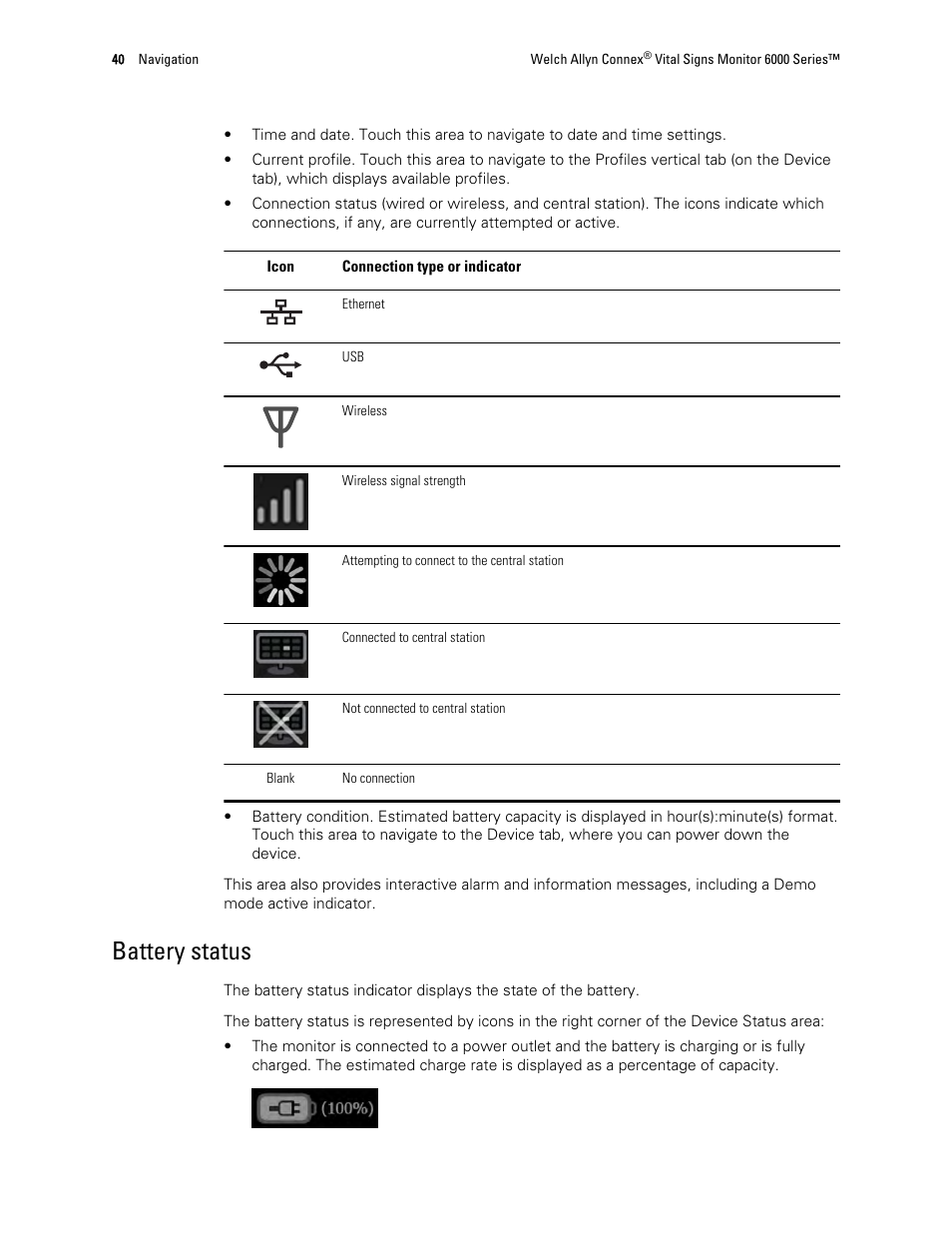 Battery status | Welch Allyn 6000 Series Connex Vital Signs Monitor - User Manual User Manual | Page 46 / 245
