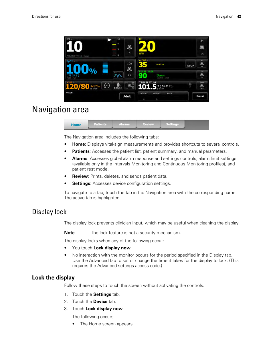 Navigation area, Display lock, Lock the display | Welch Allyn 6000 Series Connex Vital Signs Monitor - User Manual User Manual | Page 49 / 245
