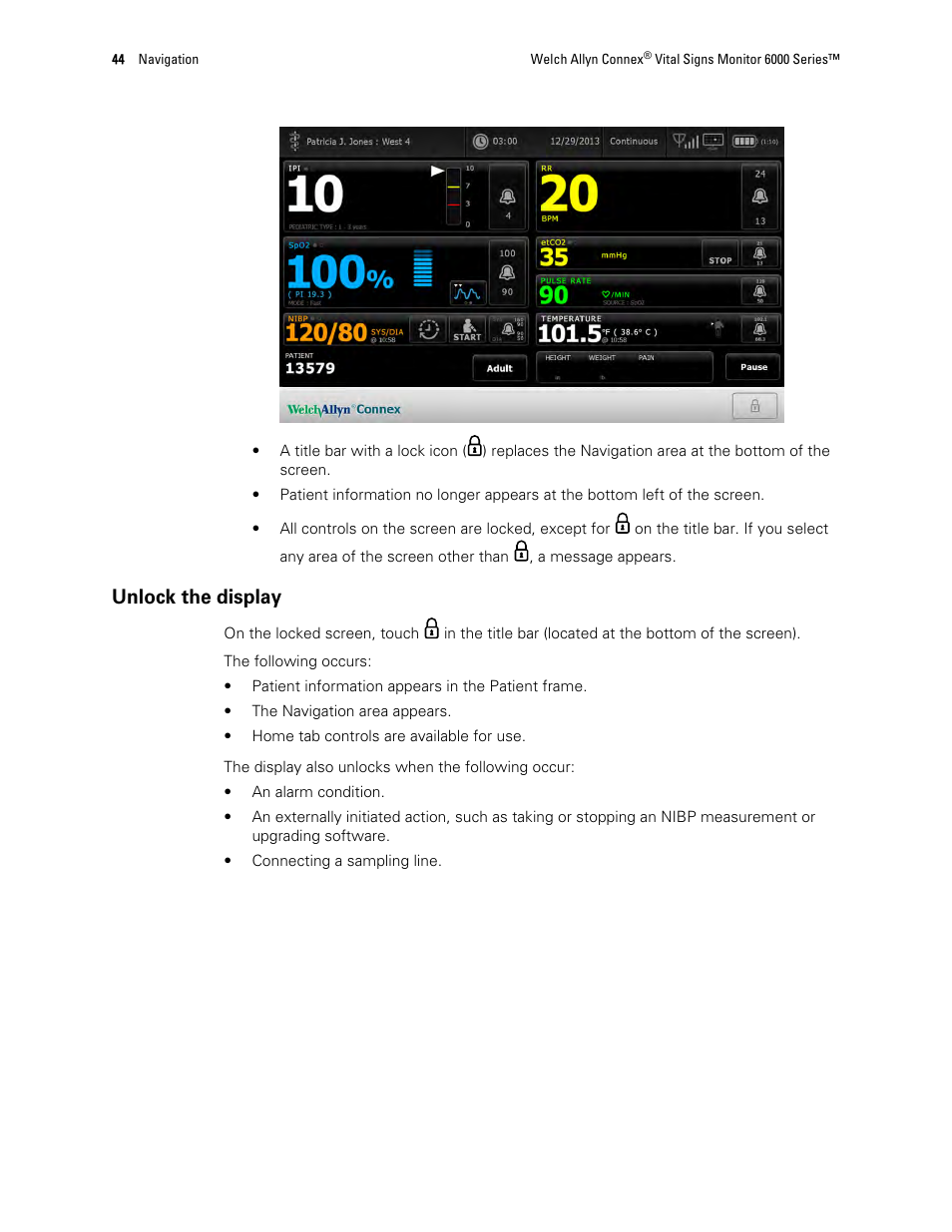 Unlock the display | Welch Allyn 6000 Series Connex Vital Signs Monitor - User Manual User Manual | Page 50 / 245
