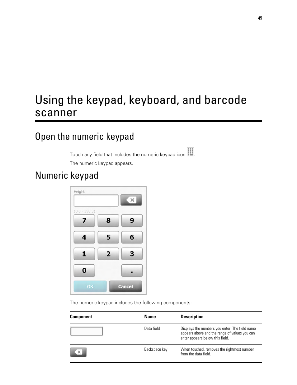 Using the keypad, keyboard, and barcode scanner, Open the numeric keypad, Numeric keypad | Welch Allyn 6000 Series Connex Vital Signs Monitor - User Manual User Manual | Page 51 / 245