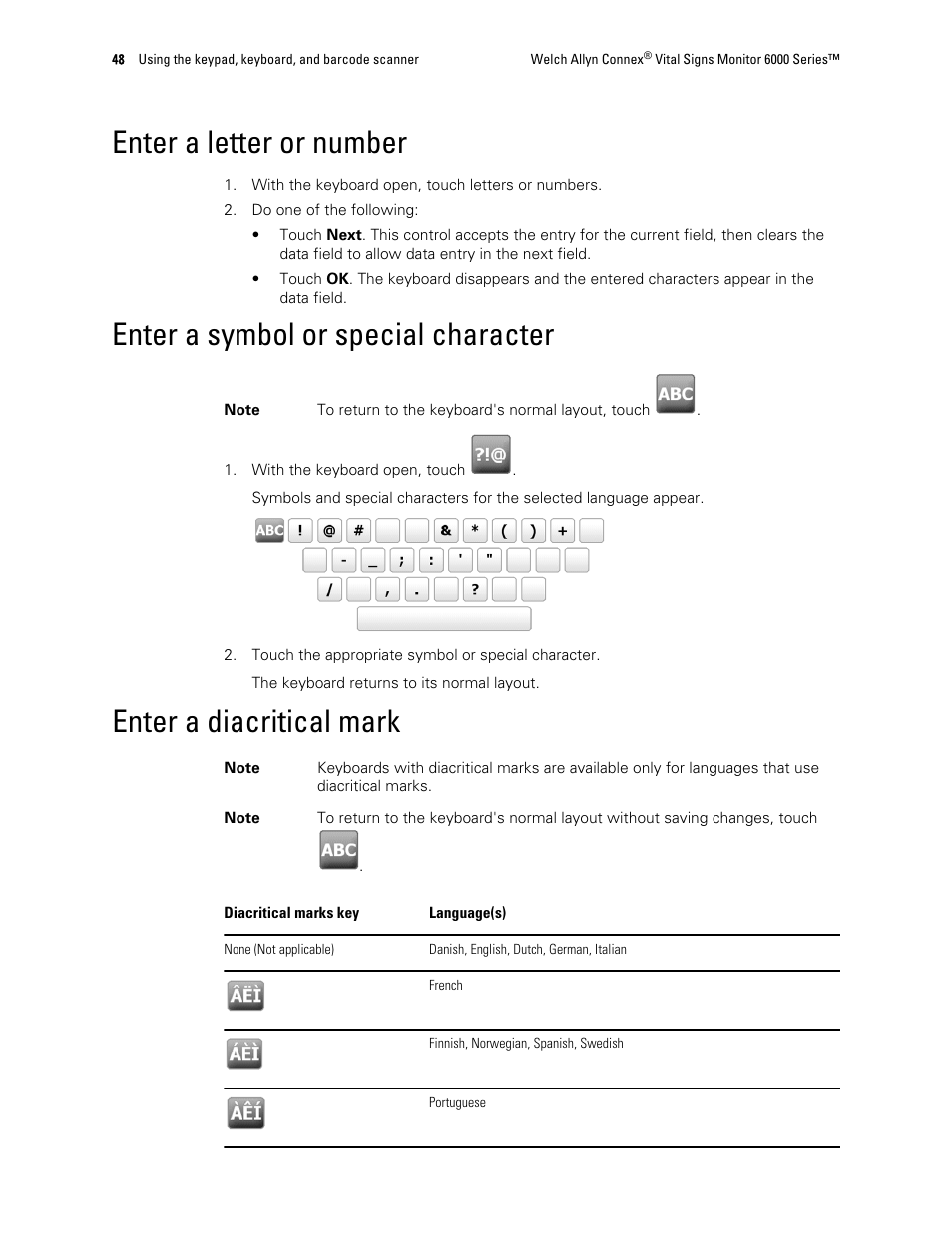 Enter a letter or number, Enter a symbol or special character, Enter a diacritical mark | Welch Allyn 6000 Series Connex Vital Signs Monitor - User Manual User Manual | Page 54 / 245