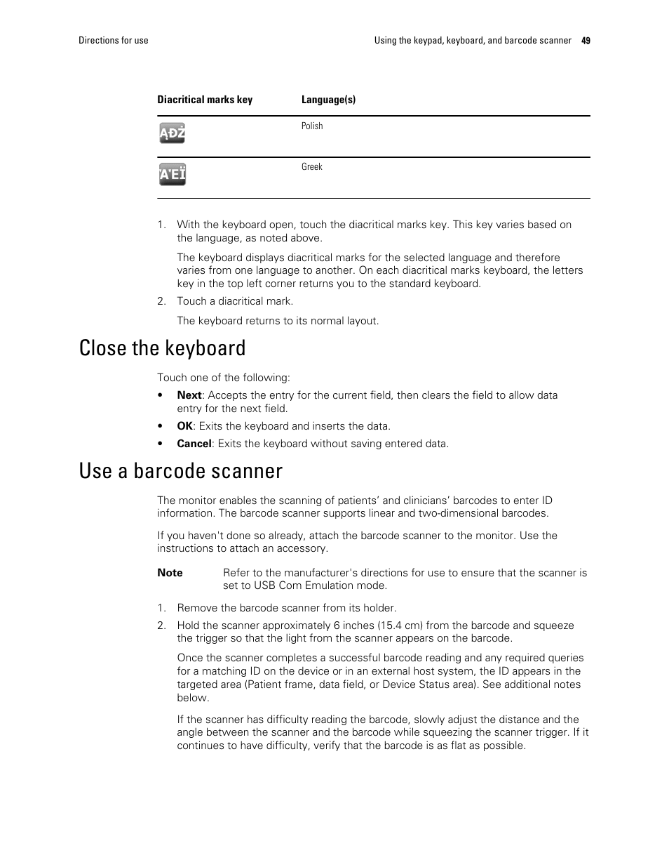 Close the keyboard, Use a barcode scanner | Welch Allyn 6000 Series Connex Vital Signs Monitor - User Manual User Manual | Page 55 / 245