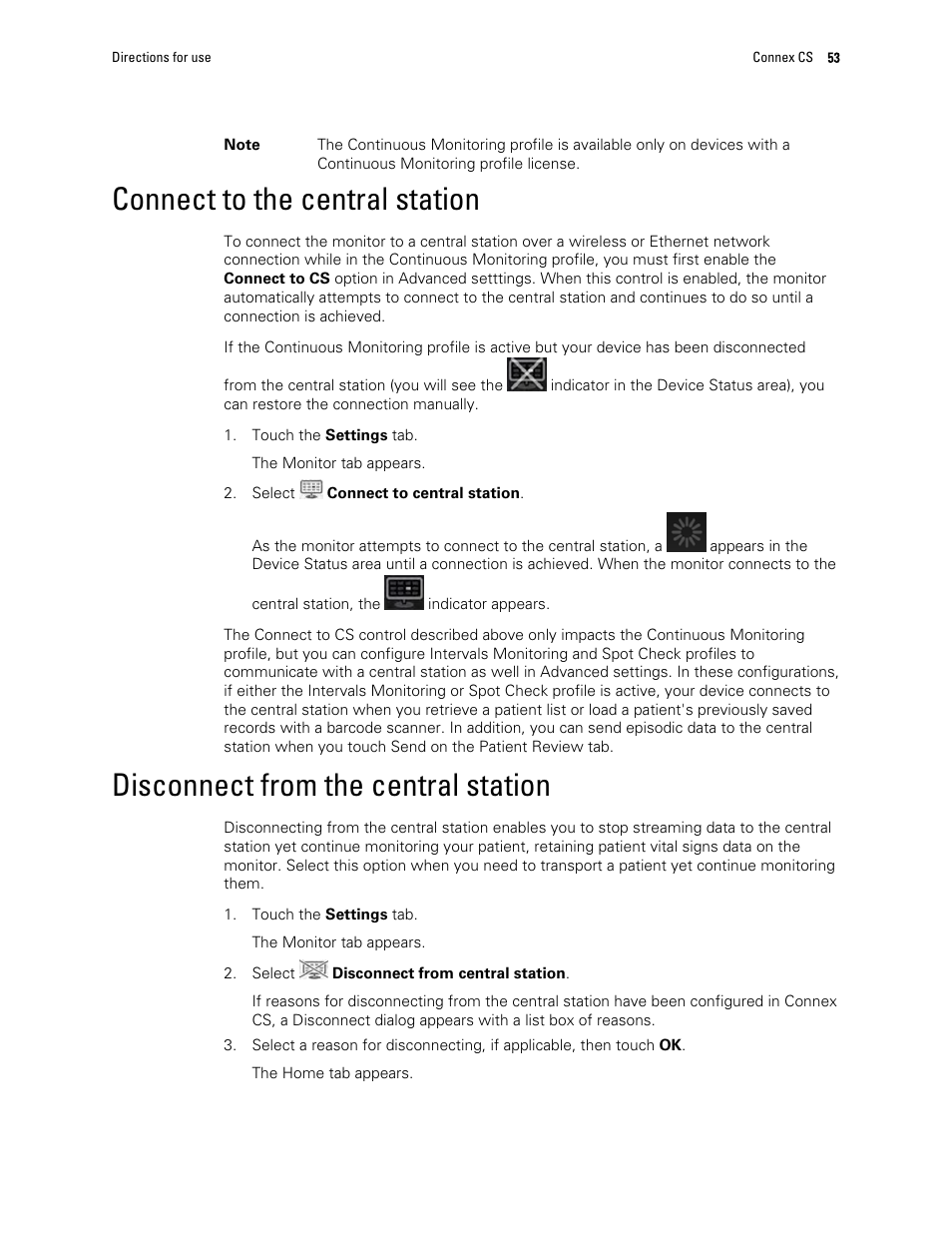 Connect to the central station, Disconnect from the central station | Welch Allyn 6000 Series Connex Vital Signs Monitor - User Manual User Manual | Page 59 / 245