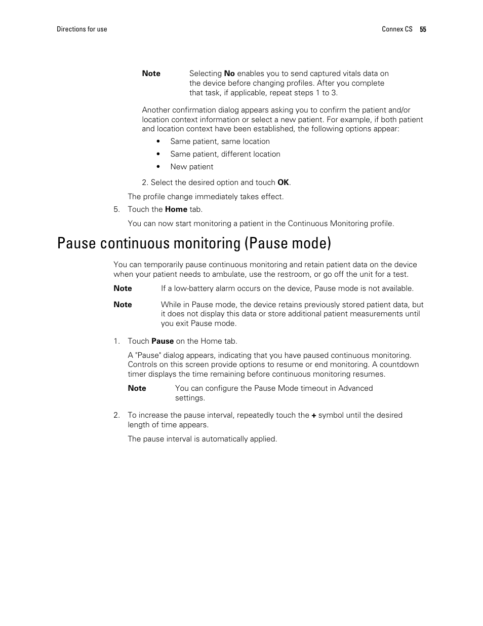 Pause continuous monitoring (pause mode) | Welch Allyn 6000 Series Connex Vital Signs Monitor - User Manual User Manual | Page 61 / 245