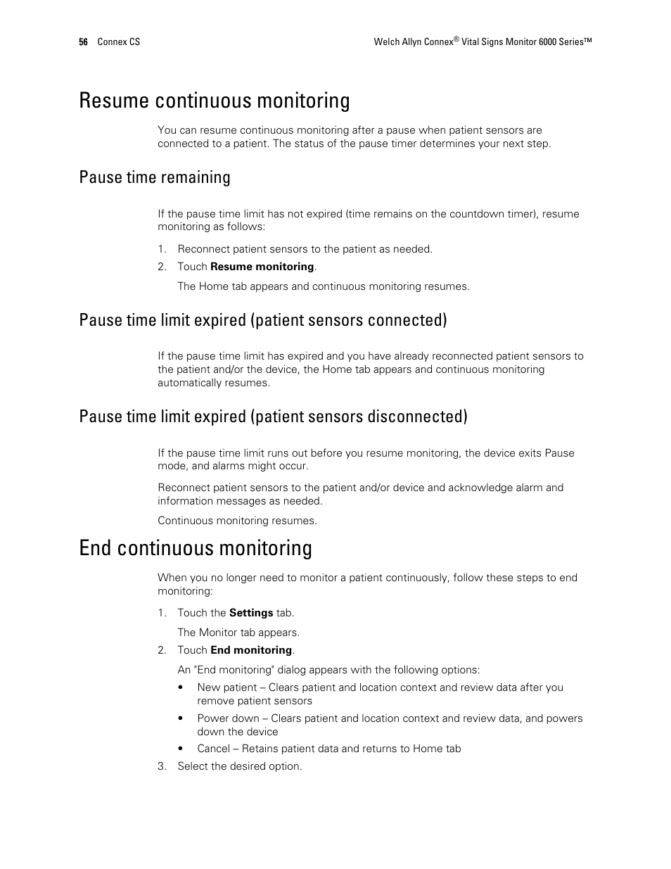 Resume continuous monitoring, Pause time remaining, End continuous monitoring | Welch Allyn 6000 Series Connex Vital Signs Monitor - User Manual User Manual | Page 62 / 245