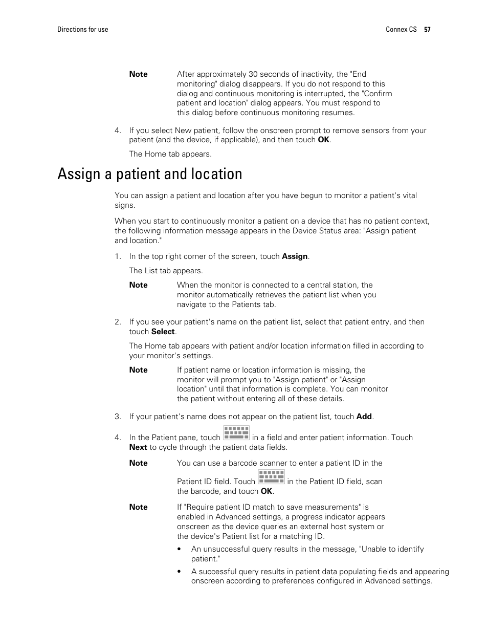 Assign a patient and location | Welch Allyn 6000 Series Connex Vital Signs Monitor - User Manual User Manual | Page 63 / 245