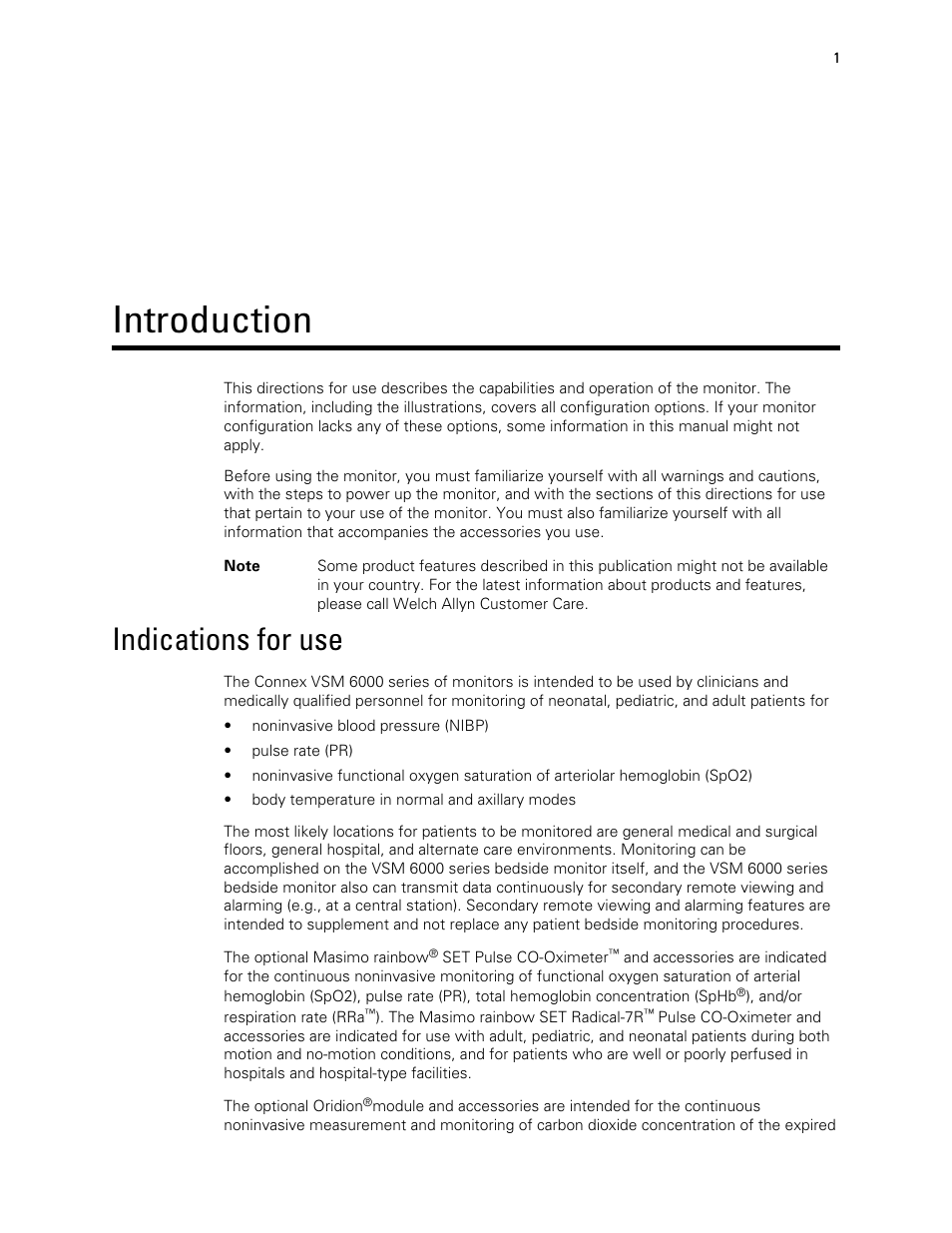Introduction, Indications for use | Welch Allyn 6000 Series Connex Vital Signs Monitor - User Manual User Manual | Page 7 / 245