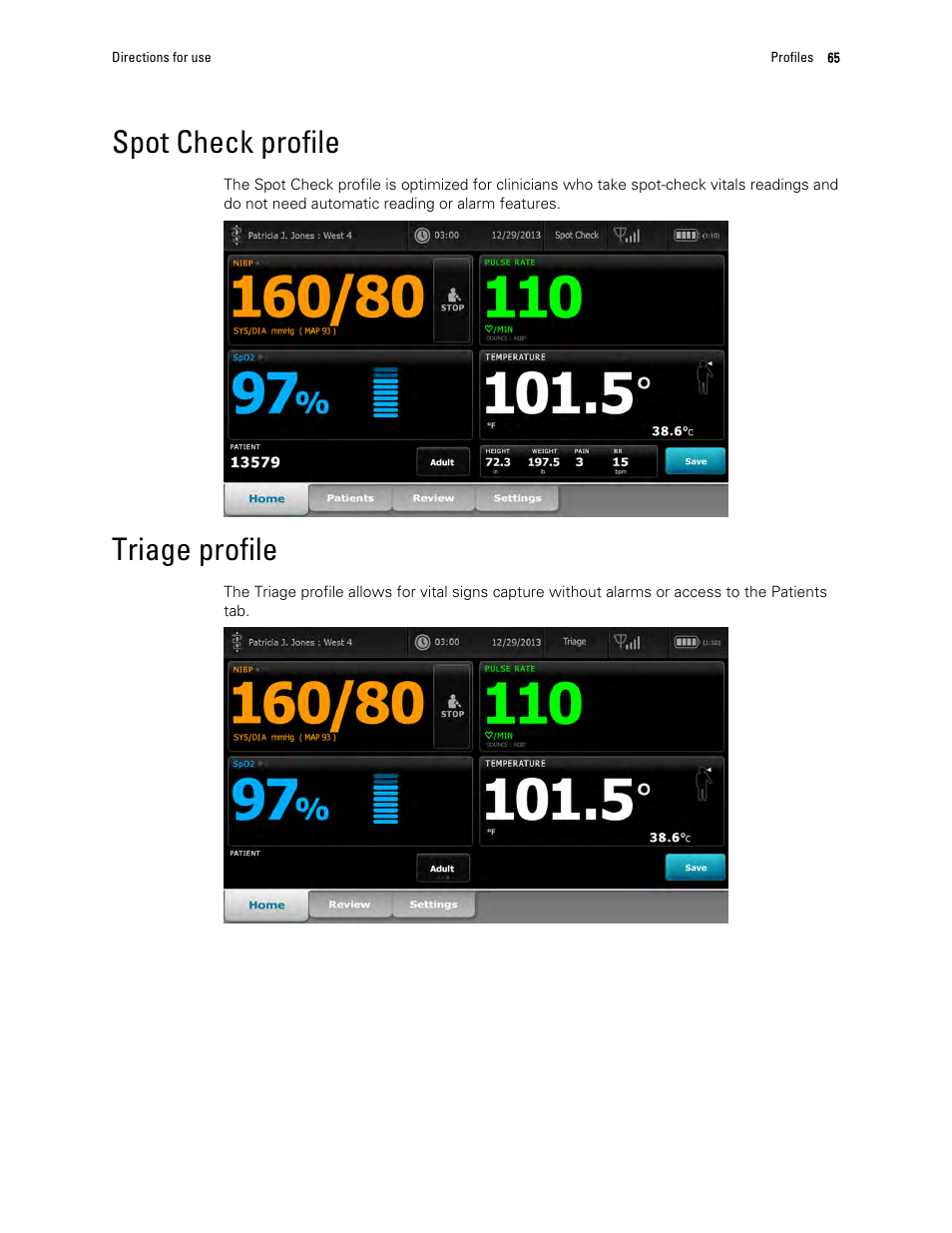 Spot check profile, Triage profile | Welch Allyn 6000 Series Connex Vital Signs Monitor - User Manual User Manual | Page 71 / 245