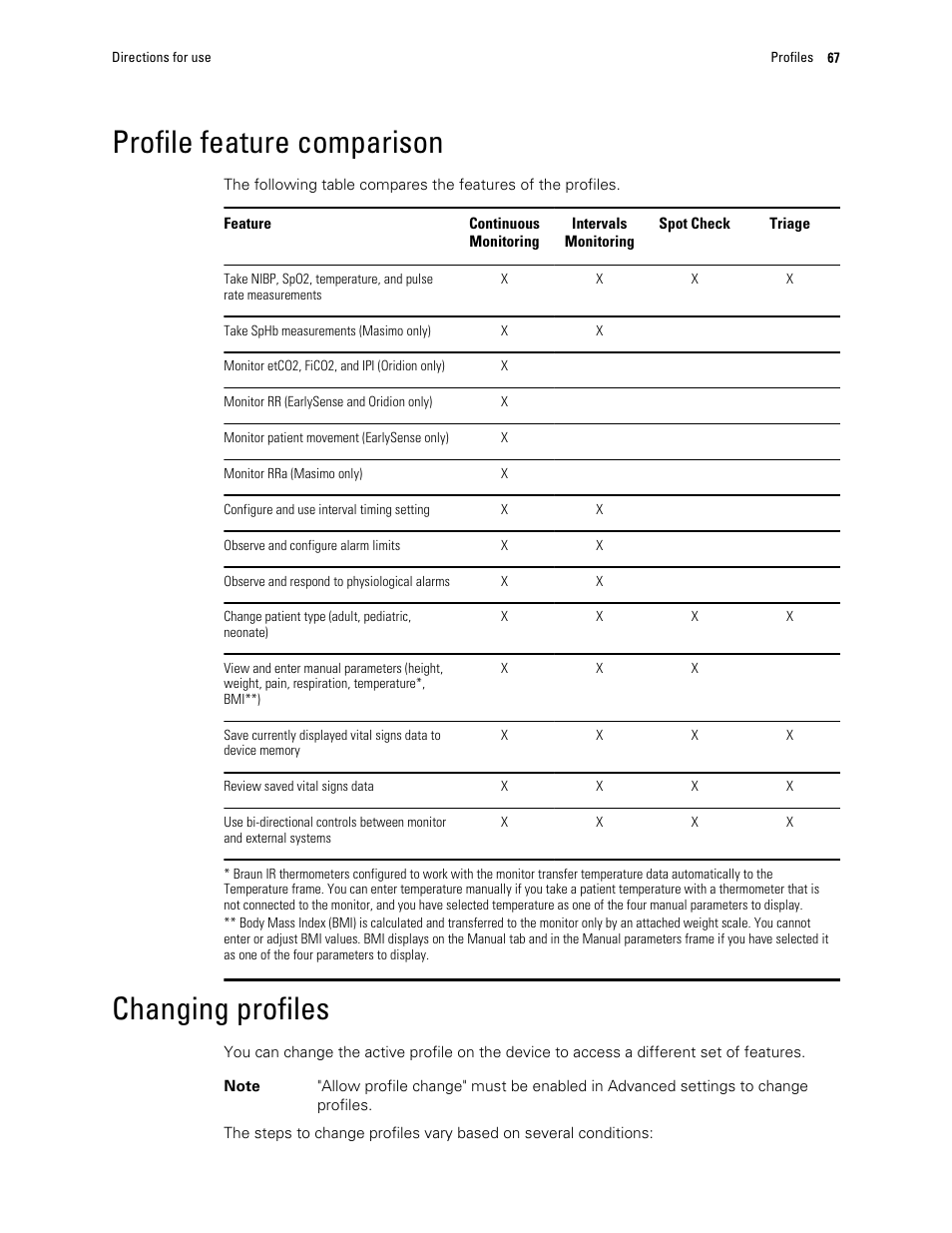 Profile feature comparison, Changing profiles | Welch Allyn 6000 Series Connex Vital Signs Monitor - User Manual User Manual | Page 73 / 245