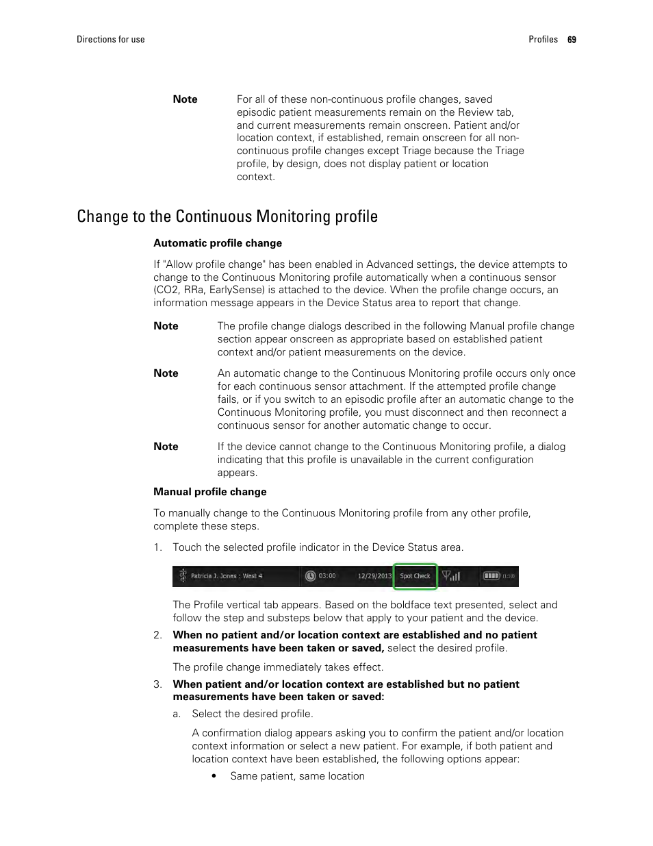 Change to the continuous monitoring profile | Welch Allyn 6000 Series Connex Vital Signs Monitor - User Manual User Manual | Page 75 / 245