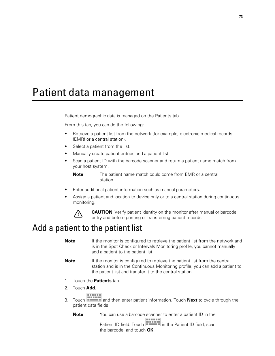 Patient data management, Add a patient to the patient list | Welch Allyn 6000 Series Connex Vital Signs Monitor - User Manual User Manual | Page 79 / 245