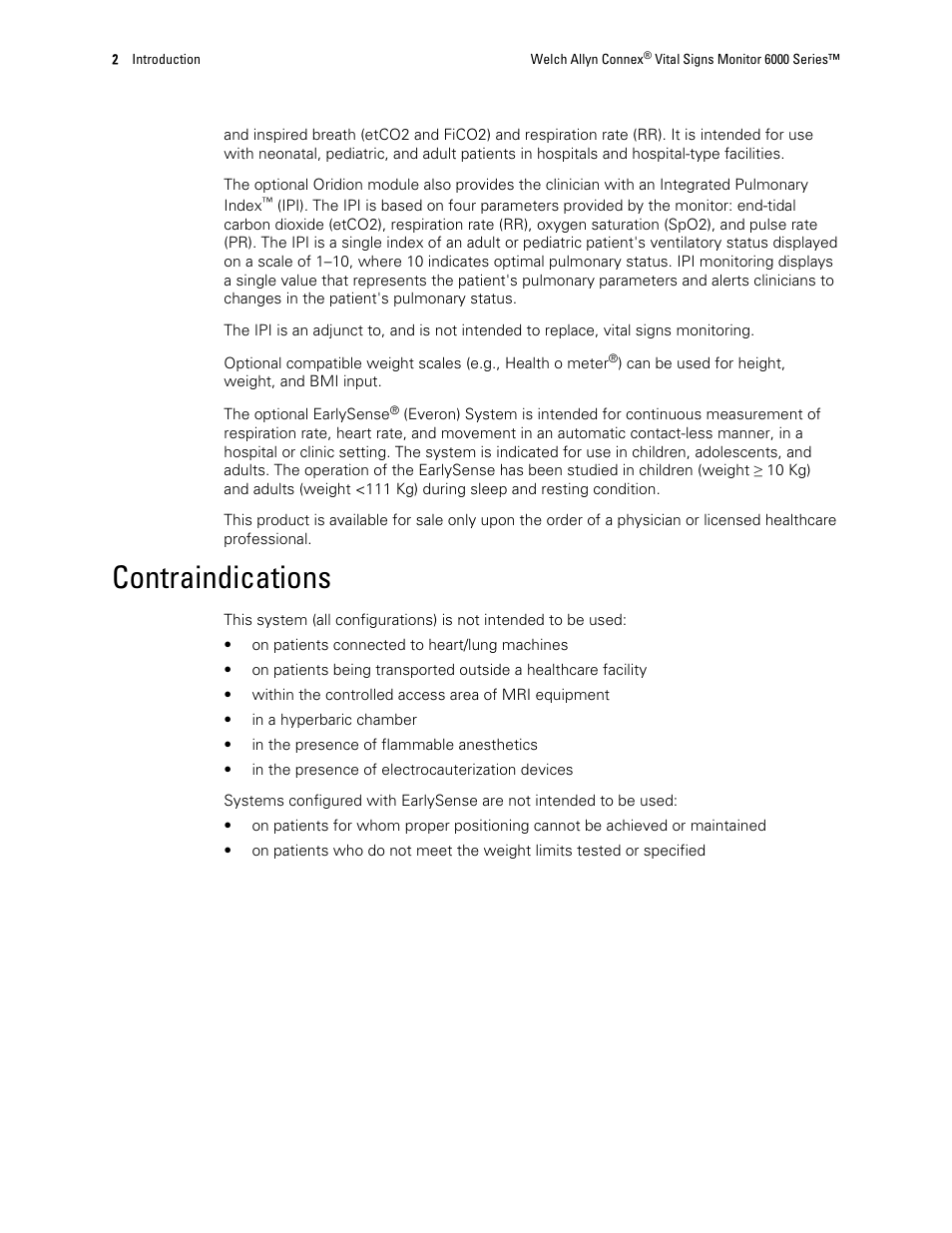 Contraindications | Welch Allyn 6000 Series Connex Vital Signs Monitor - User Manual User Manual | Page 8 / 245