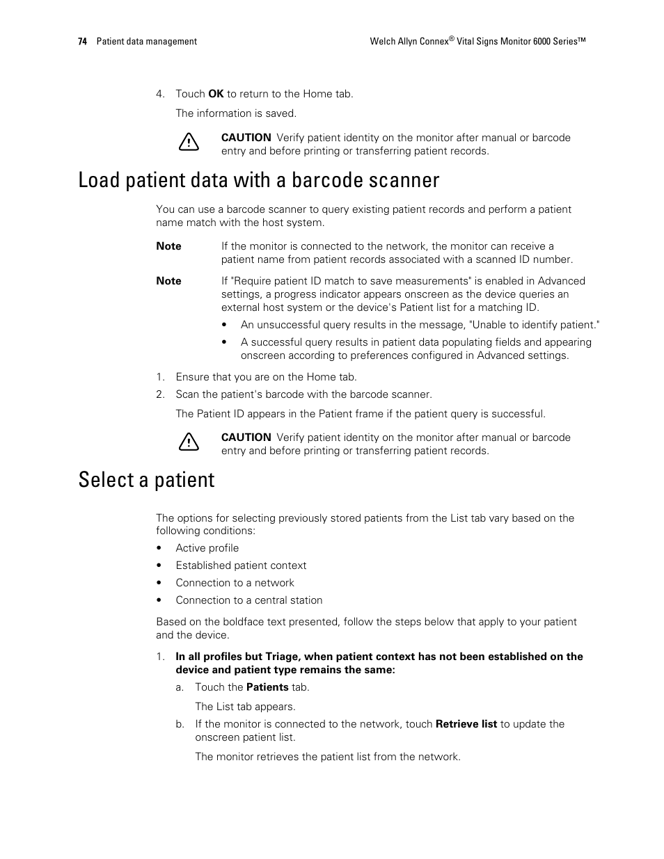Load patient data with a barcode scanner, Select a patient | Welch Allyn 6000 Series Connex Vital Signs Monitor - User Manual User Manual | Page 80 / 245