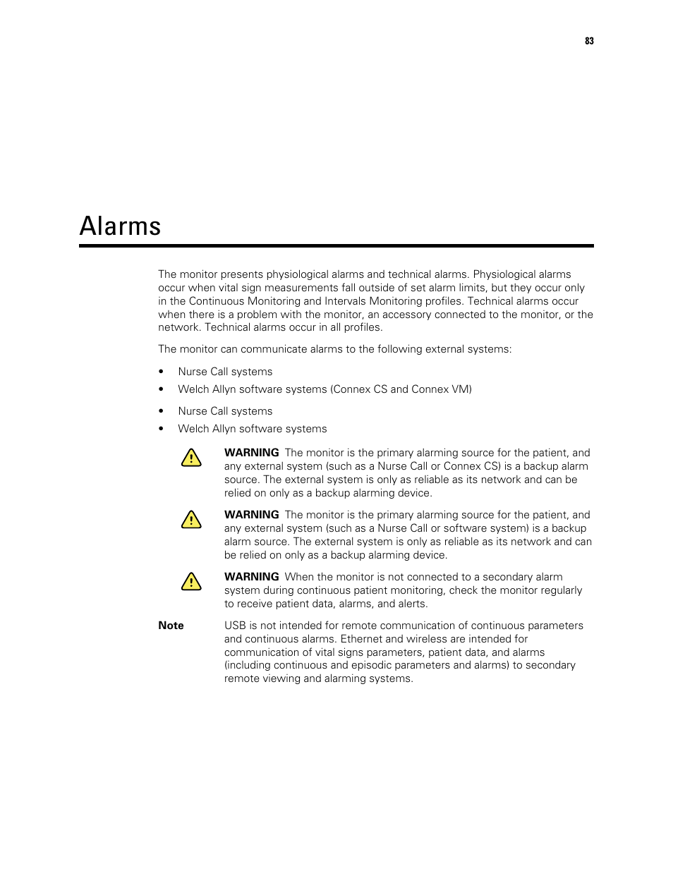 Alarms | Welch Allyn 6000 Series Connex Vital Signs Monitor - User Manual User Manual | Page 89 / 245