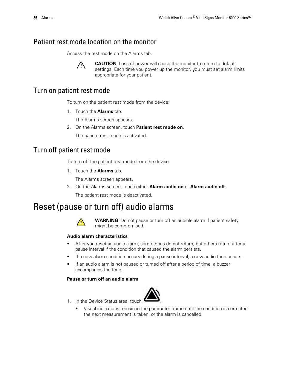 Patient rest mode location on the monitor, Turn on patient rest mode, Turn off patient rest mode | Reset (pause or turn off) audio alarms | Welch Allyn 6000 Series Connex Vital Signs Monitor - User Manual User Manual | Page 92 / 245