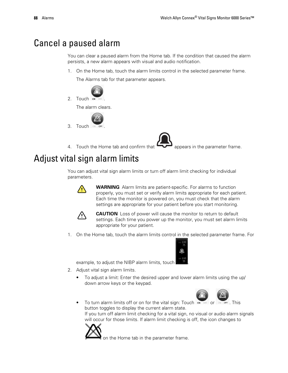 Cancel a paused alarm, Adjust vital sign alarm limits | Welch Allyn 6000 Series Connex Vital Signs Monitor - User Manual User Manual | Page 94 / 245