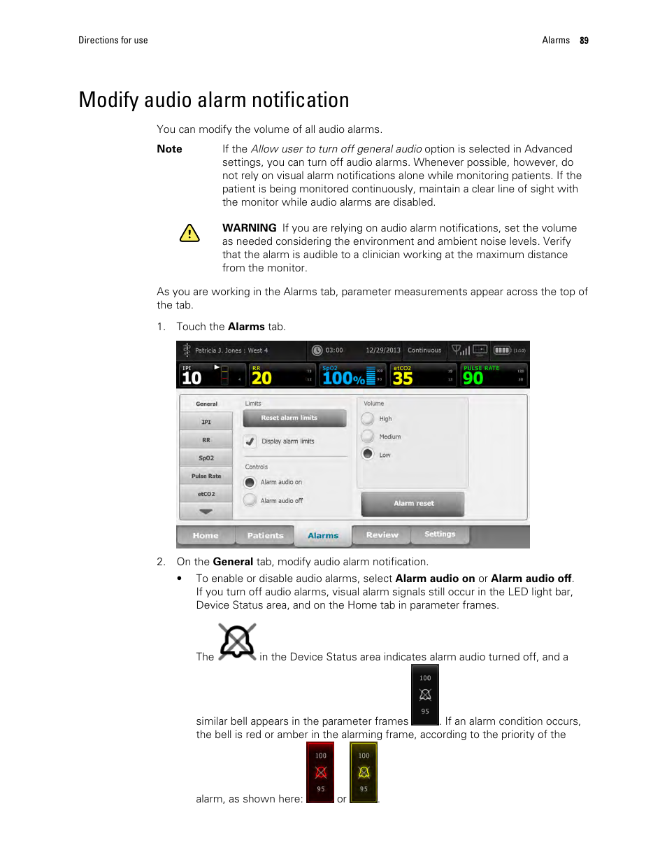 Modify audio alarm notification | Welch Allyn 6000 Series Connex Vital Signs Monitor - User Manual User Manual | Page 95 / 245