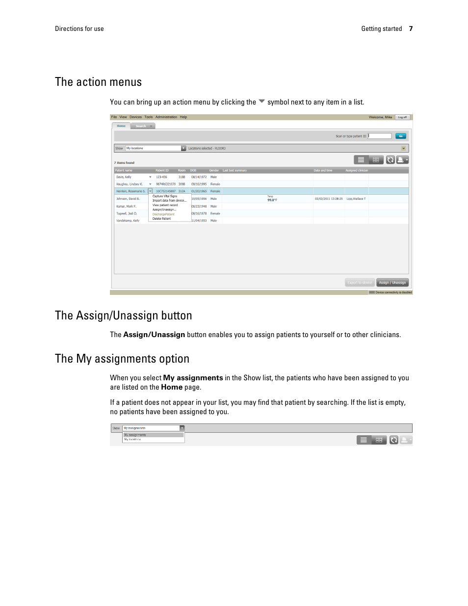 The action menus, The assign/unassign button, The my assignments option | Welch Allyn Connex VM data management system - User Manual User Manual | Page 11 / 38