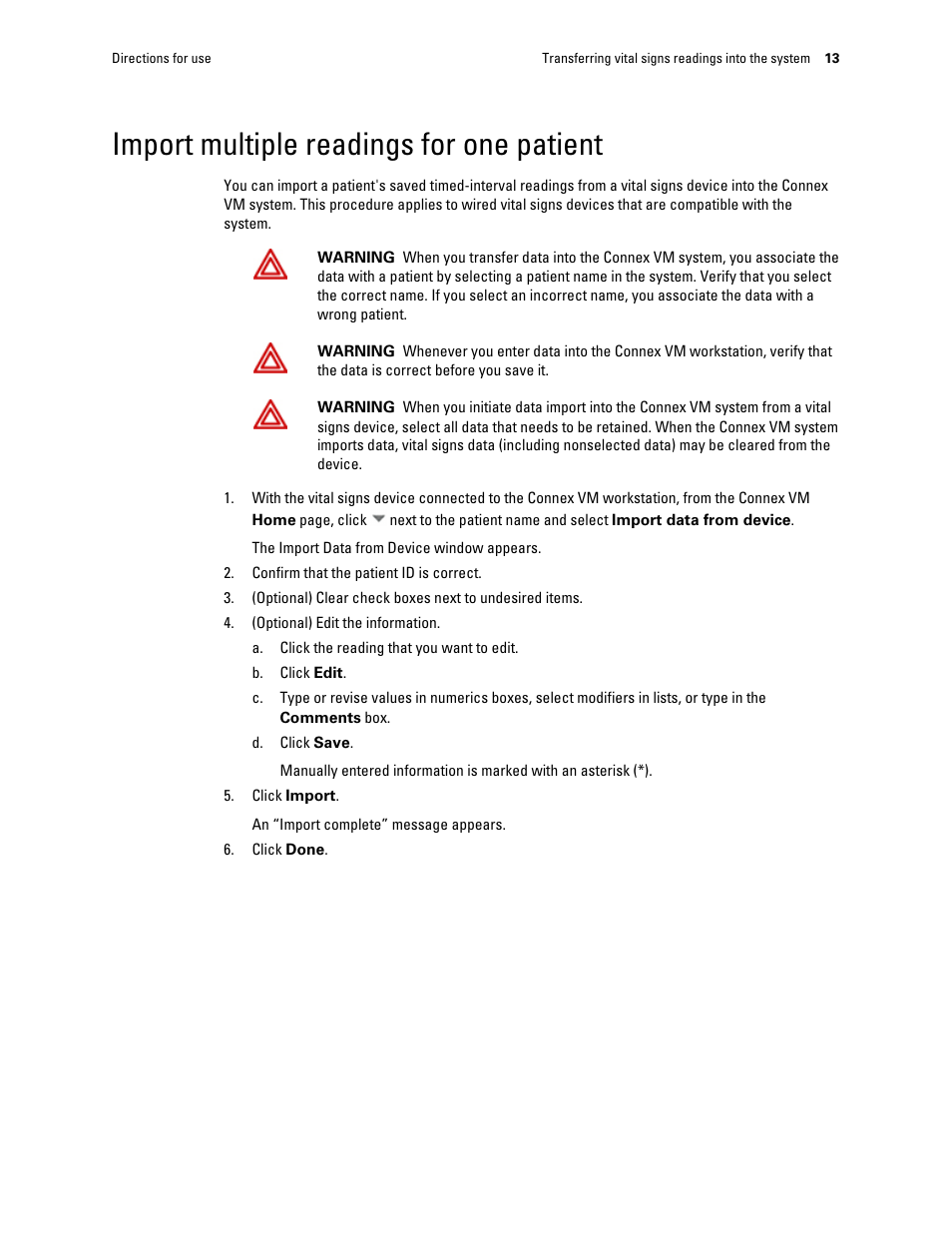 Import multiple readings for one patient | Welch Allyn Connex VM data management system - User Manual User Manual | Page 17 / 38