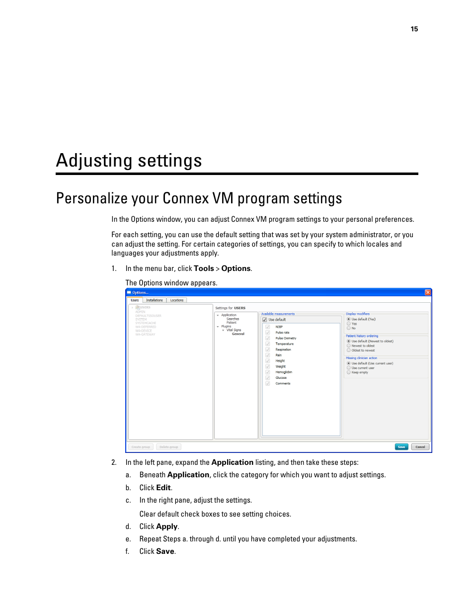 Adjusting settings, Personalize your connex vm program settings | Welch Allyn Connex VM data management system - User Manual User Manual | Page 19 / 38