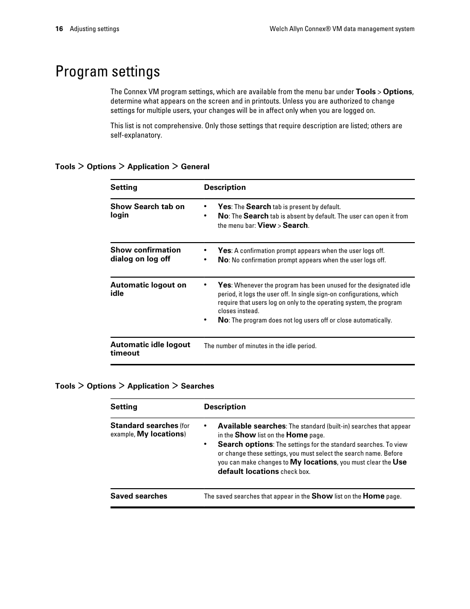 Program settings, Tools > options > application > general, Tools > options > application > searches | Welch Allyn Connex VM data management system - User Manual User Manual | Page 20 / 38