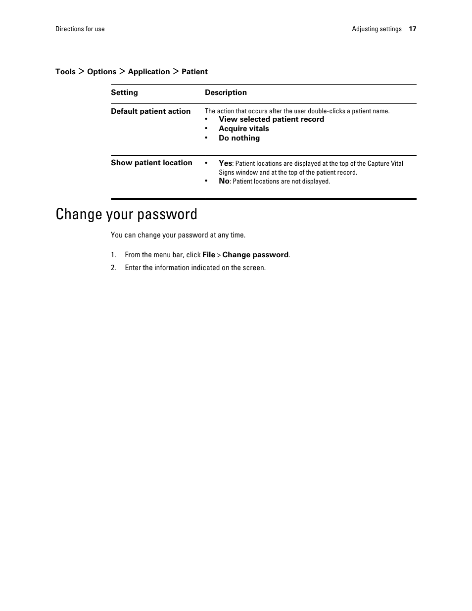 Tools > options > application > patient, Change your password | Welch Allyn Connex VM data management system - User Manual User Manual | Page 21 / 38