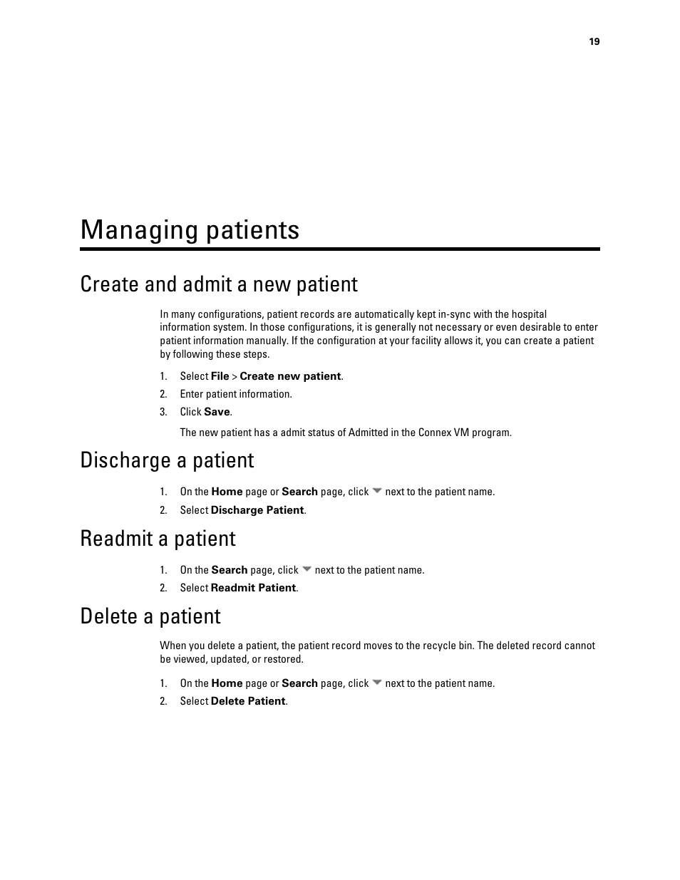 Managing patients, Create and admit a new patient, Discharge a patient | Readmit a patient, Delete a patient | Welch Allyn Connex VM data management system - User Manual User Manual | Page 23 / 38