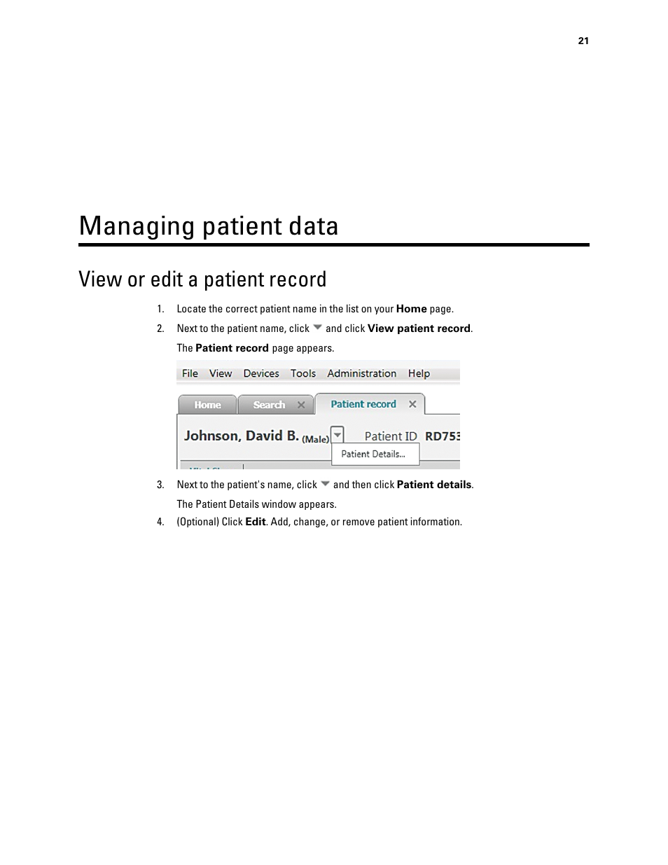 Managing patient data, View or edit a patient record | Welch Allyn Connex VM data management system - User Manual User Manual | Page 25 / 38