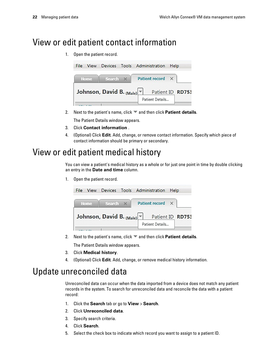 View or edit patient contact information, View or edit patient medical history, Update unreconciled data | Welch Allyn Connex VM data management system - User Manual User Manual | Page 26 / 38