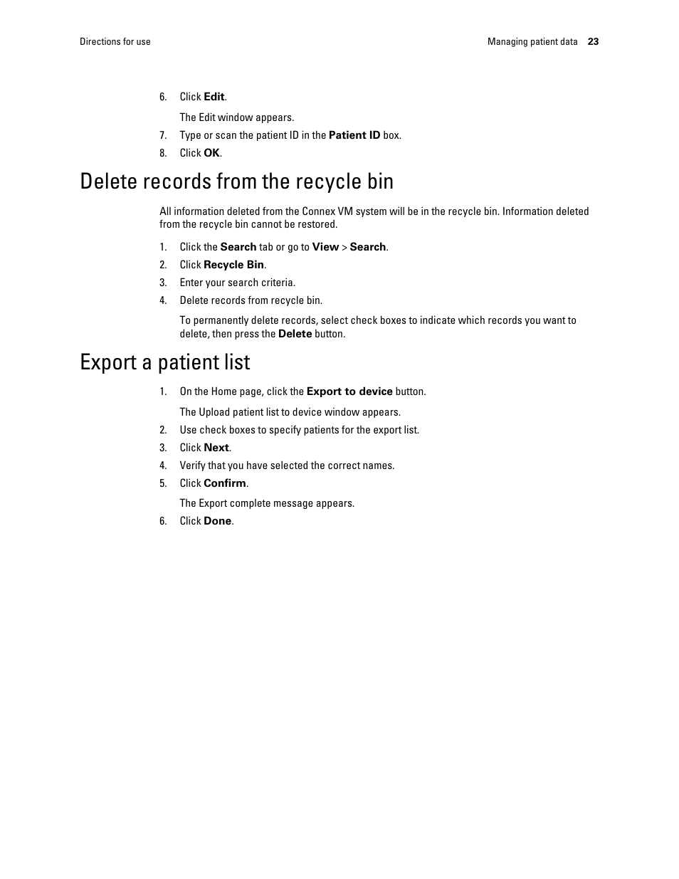 Delete records from the recycle bin, Export a patient list | Welch Allyn Connex VM data management system - User Manual User Manual | Page 27 / 38