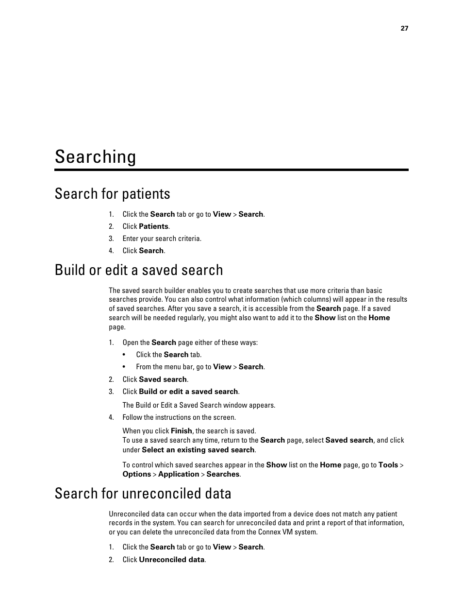 Searching, Search for patients, Build or edit a saved search | Search for unreconciled data | Welch Allyn Connex VM data management system - User Manual User Manual | Page 31 / 38