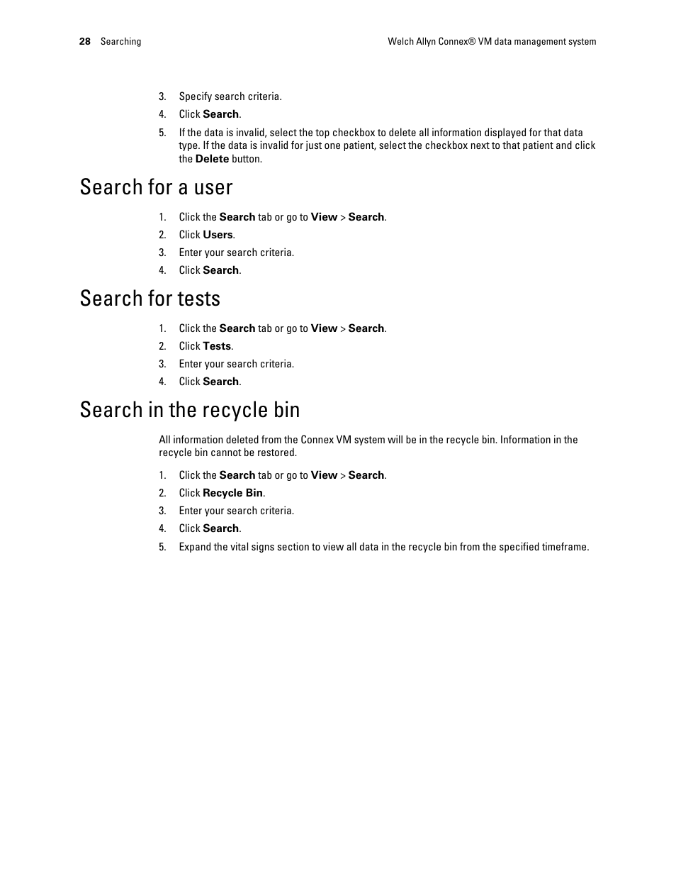 Search for a user, Search for tests, Search in the recycle bin | Welch Allyn Connex VM data management system - User Manual User Manual | Page 32 / 38