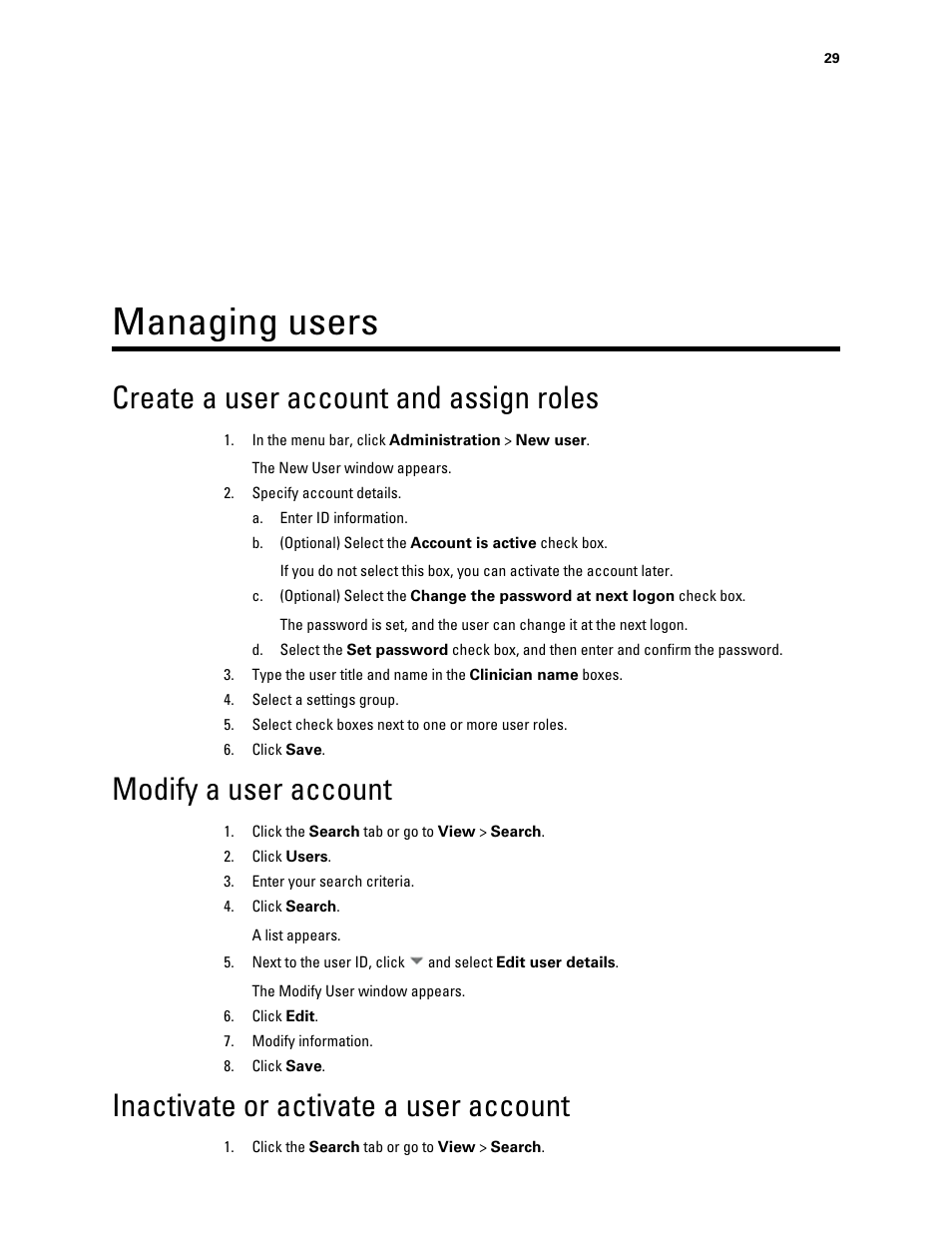Managing users, Create a user account and assign roles, Modify a user account | Inactivate or activate a user account | Welch Allyn Connex VM data management system - User Manual User Manual | Page 33 / 38