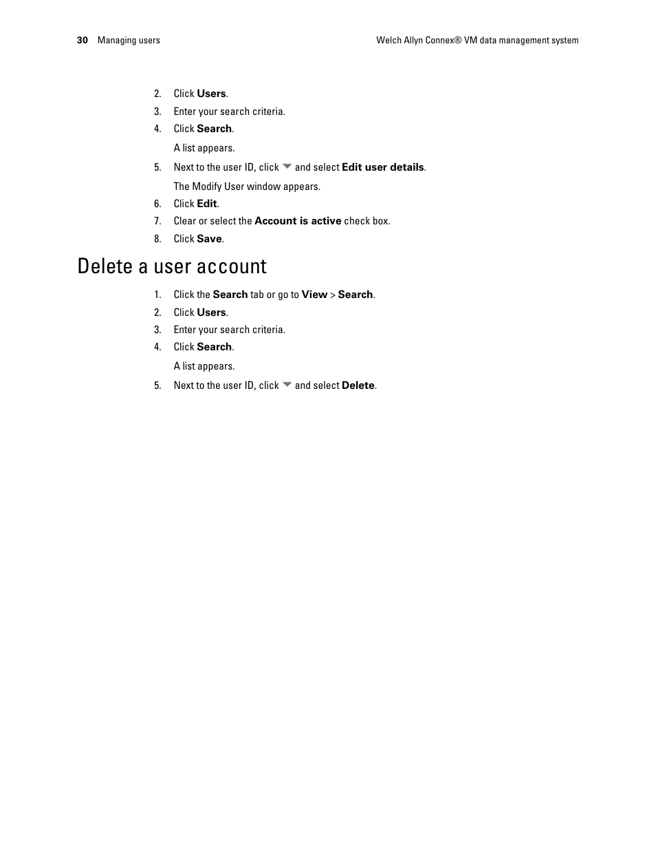 Delete a user account | Welch Allyn Connex VM data management system - User Manual User Manual | Page 34 / 38