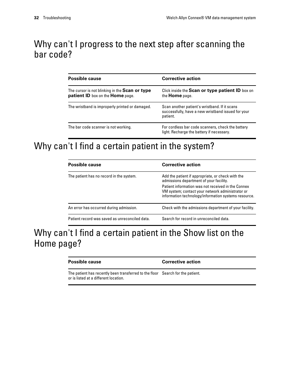 Why can't i find a certain patient in the system | Welch Allyn Connex VM data management system - User Manual User Manual | Page 36 / 38