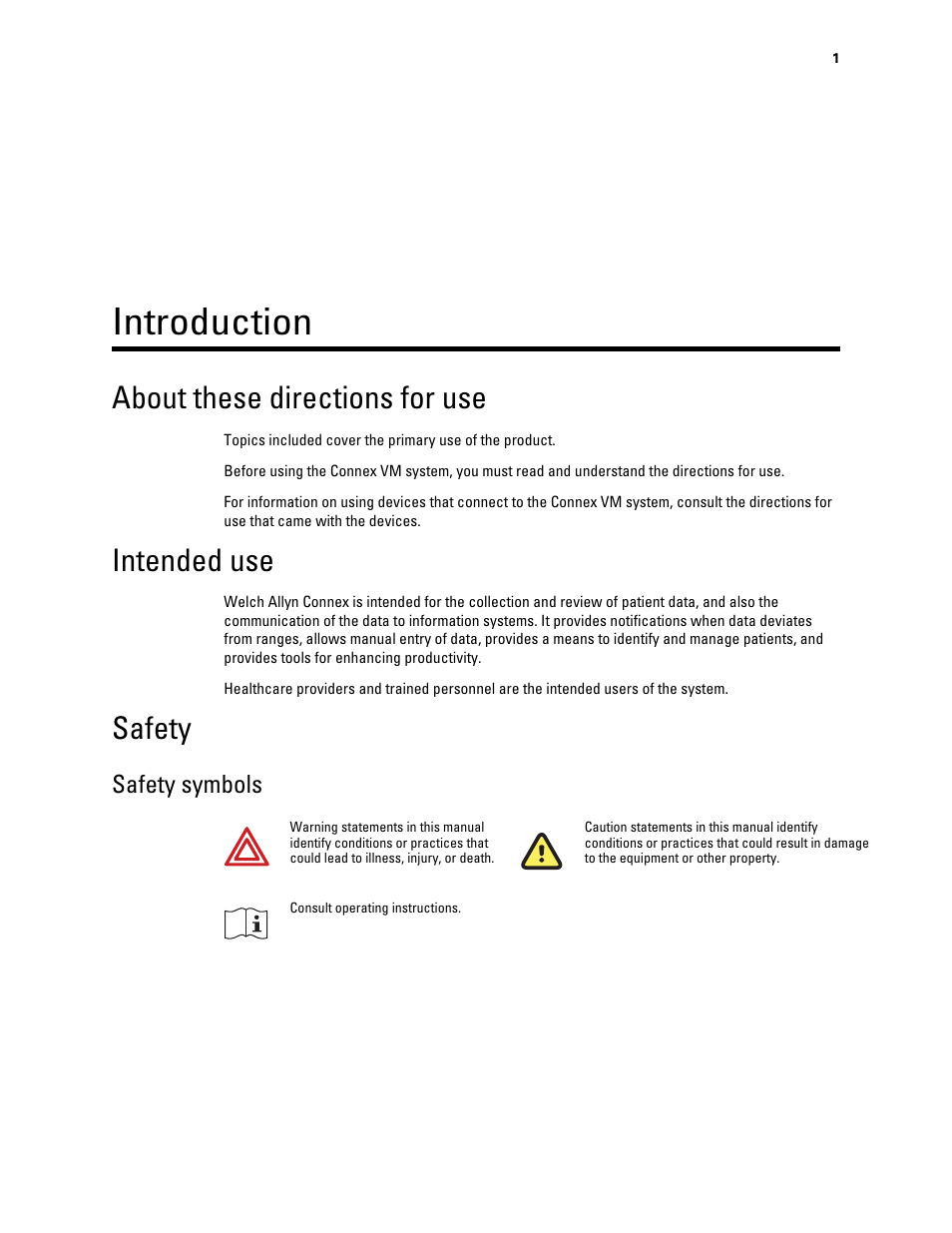 Introduction, About these directions for use, Intended use | Safety, Safety symbols | Welch Allyn Connex VM data management system - User Manual User Manual | Page 5 / 38