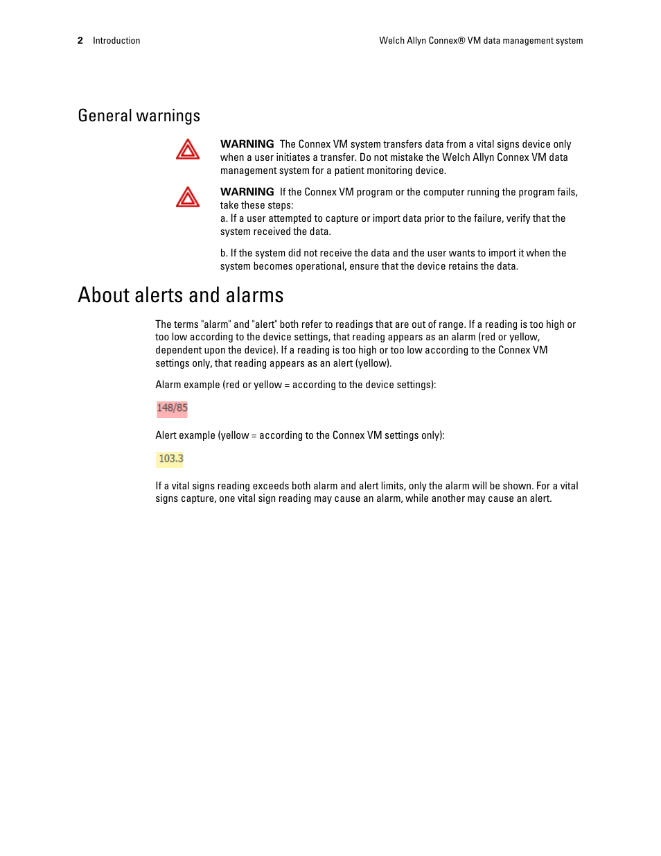 General warnings, About alerts and alarms | Welch Allyn Connex VM data management system - User Manual User Manual | Page 6 / 38