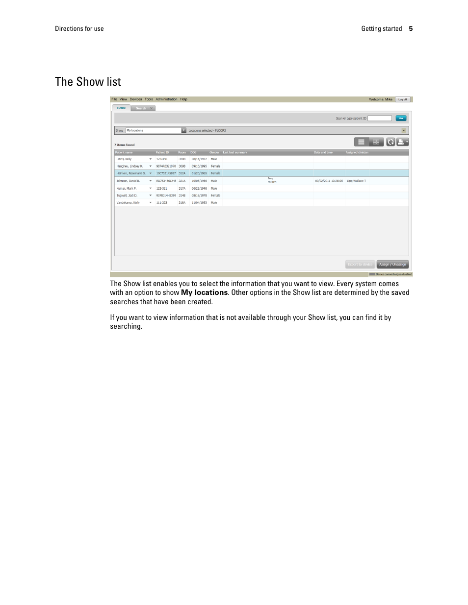 The show list | Welch Allyn Connex VM data management system - User Manual User Manual | Page 9 / 38