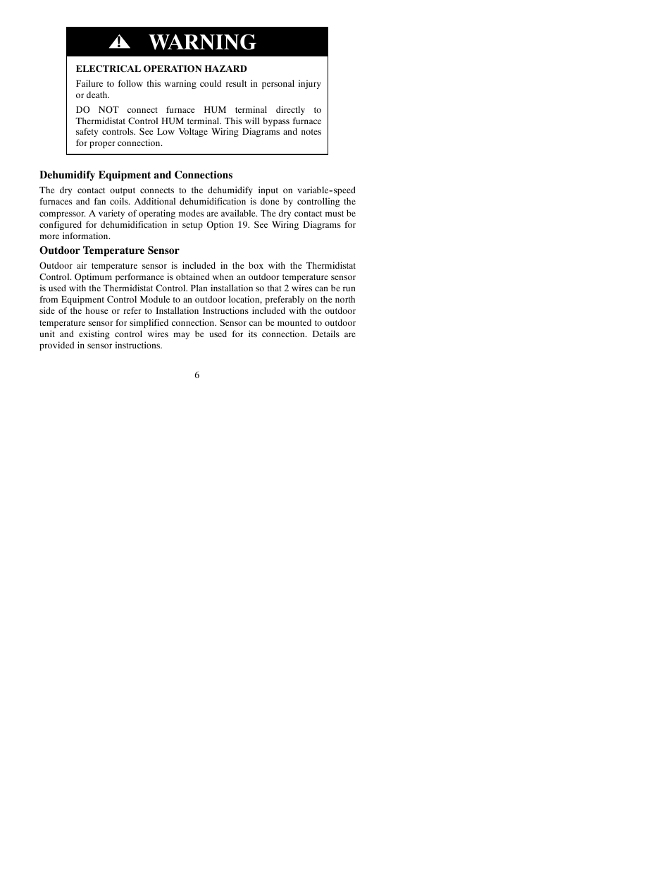 Warning | Bryant Thermidistat T6-PRH-A User Manual | Page 6 / 84