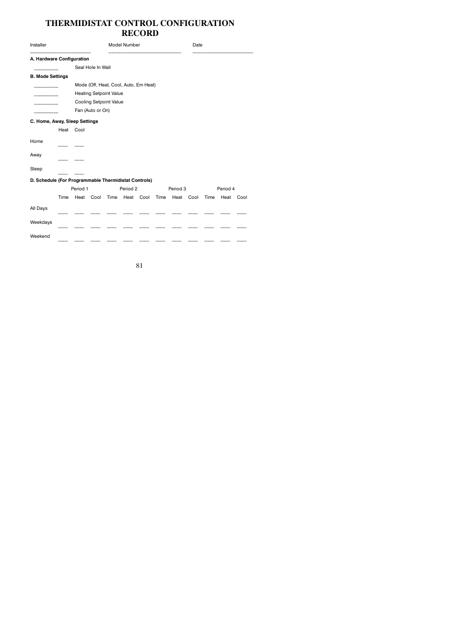 Thermidistat control configuration record | Bryant Thermidistat T6-PRH-A User Manual | Page 81 / 84