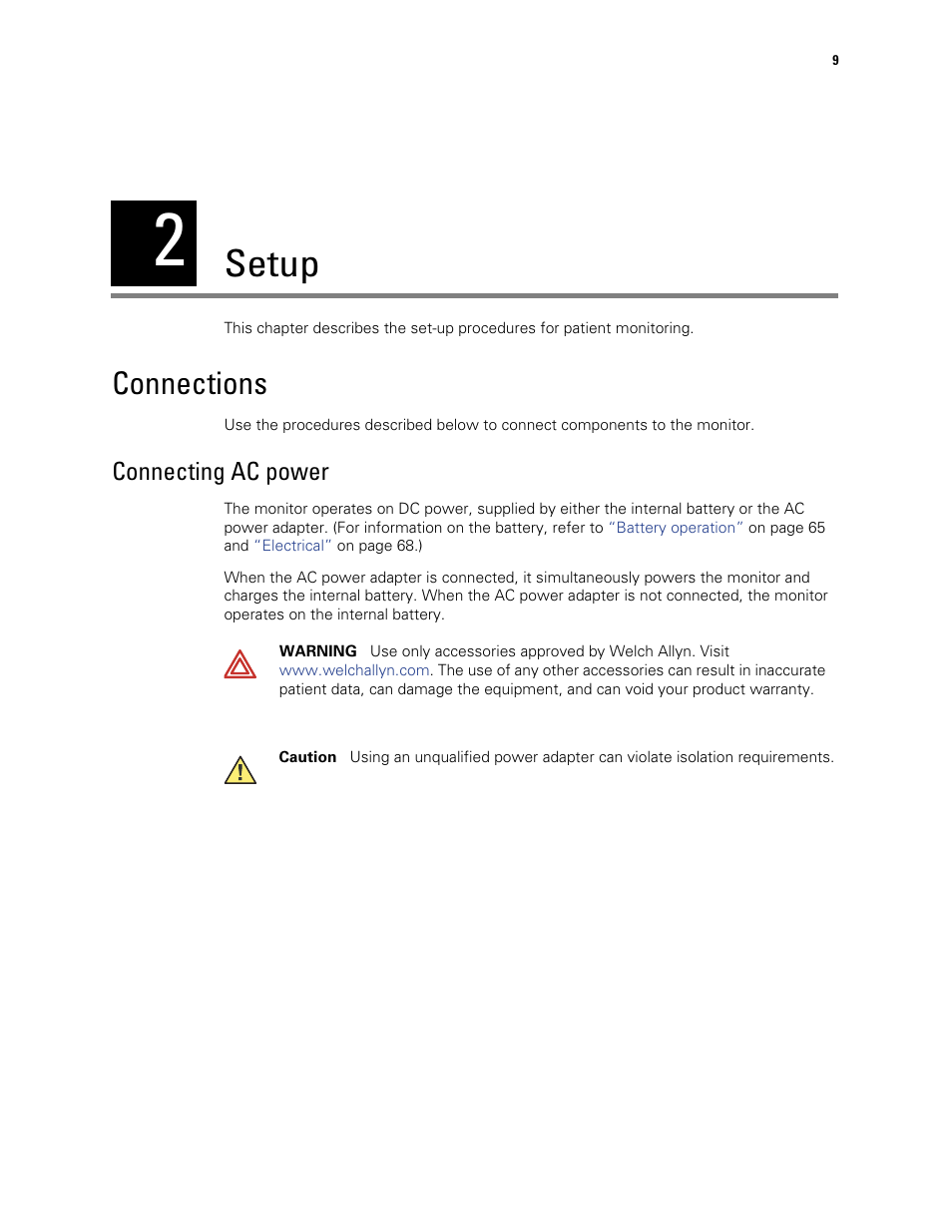 Setup, Connections, 2 - setup | Connecting ac power | Welch Allyn 300 Series Vital Signs Monitor - User Manual User Manual | Page 13 / 86