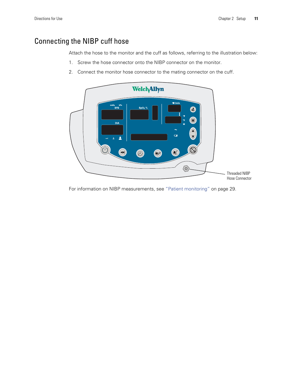 Connecting the nibp cuff hose | Welch Allyn 300 Series Vital Signs Monitor - User Manual User Manual | Page 15 / 86
