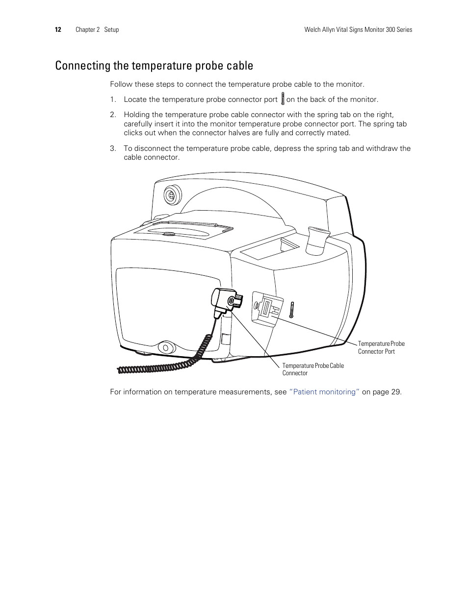 Connecting the temperature probe cable | Welch Allyn 300 Series Vital Signs Monitor - User Manual User Manual | Page 16 / 86