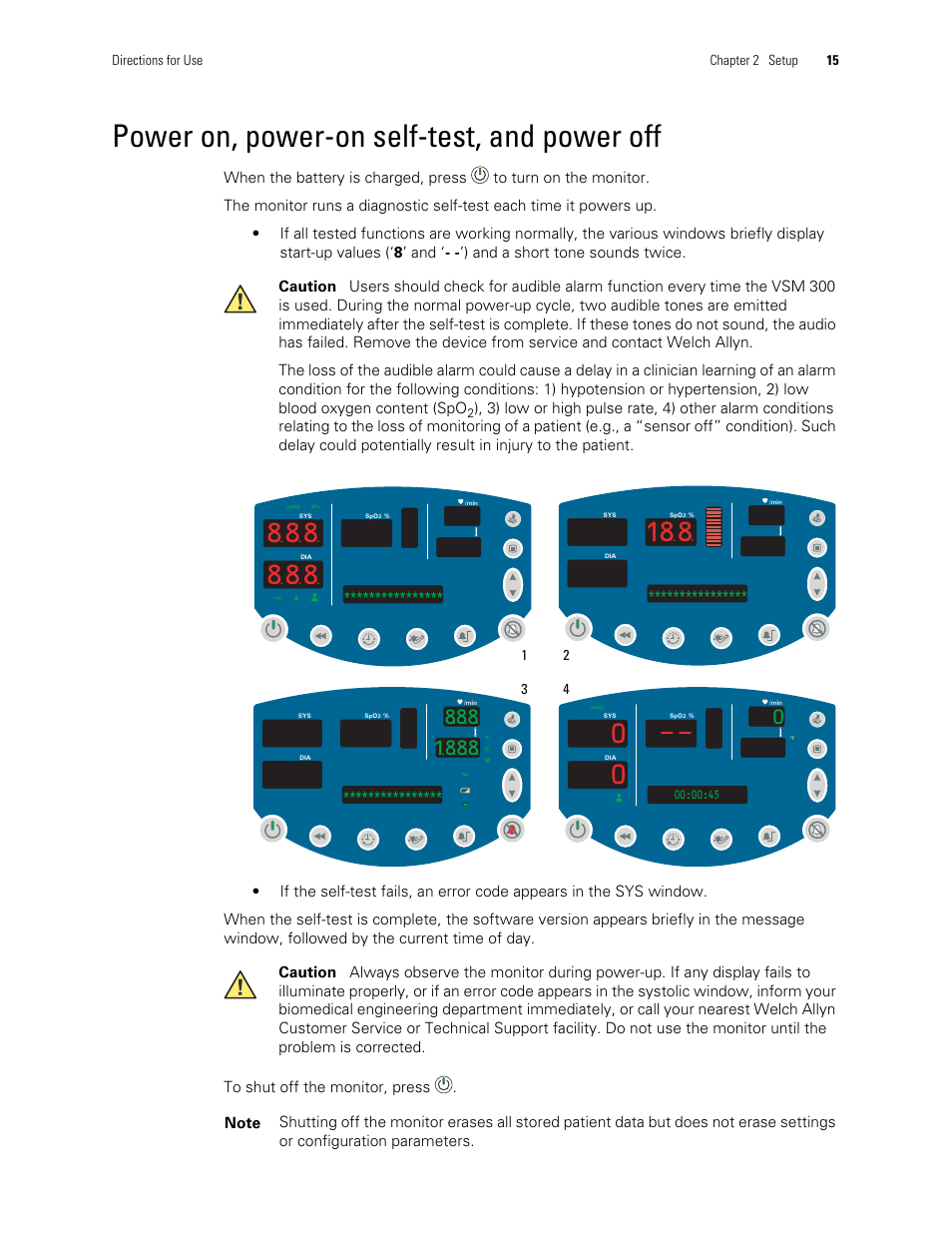 Power on, power-on self-test, and power off | Welch Allyn 300 Series Vital Signs Monitor - User Manual User Manual | Page 19 / 86