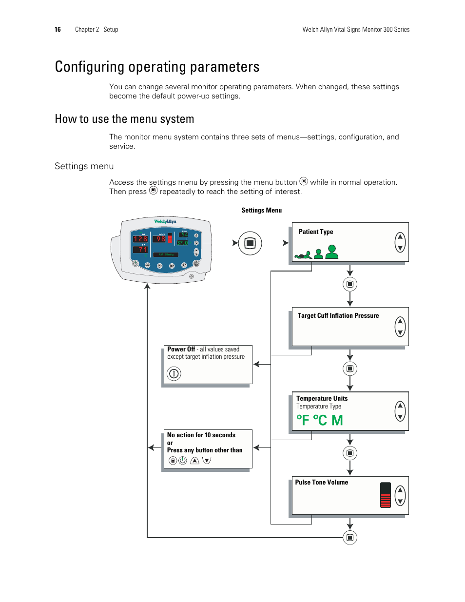 Configuring operating parameters, ºf ºf ºc ºc m m, How to use the menu system | Welch Allyn 300 Series Vital Signs Monitor - User Manual User Manual | Page 20 / 86