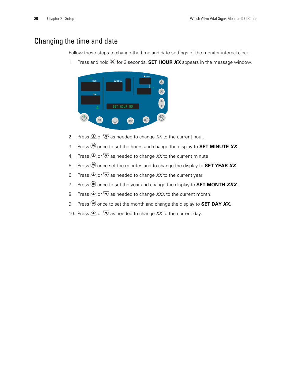 Changing the time and date | Welch Allyn 300 Series Vital Signs Monitor - User Manual User Manual | Page 24 / 86