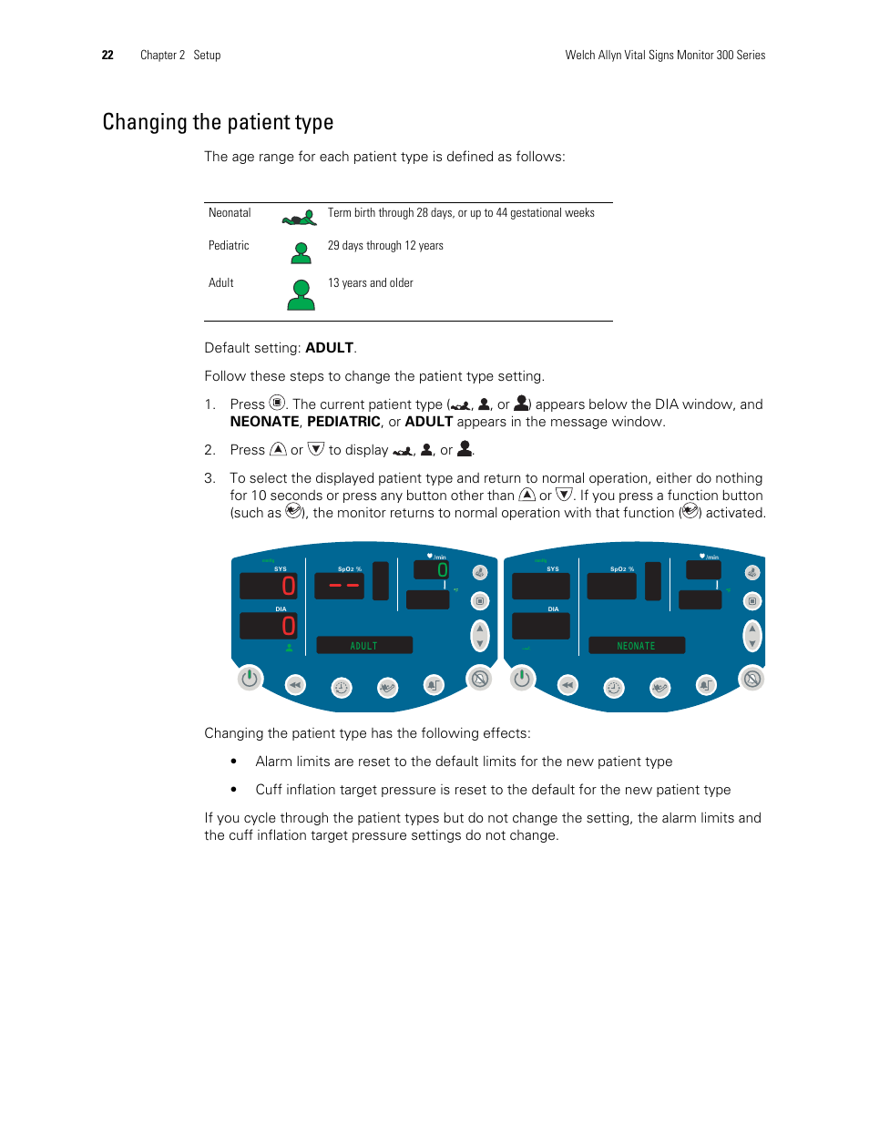 Changing the patient type | Welch Allyn 300 Series Vital Signs Monitor - User Manual User Manual | Page 26 / 86